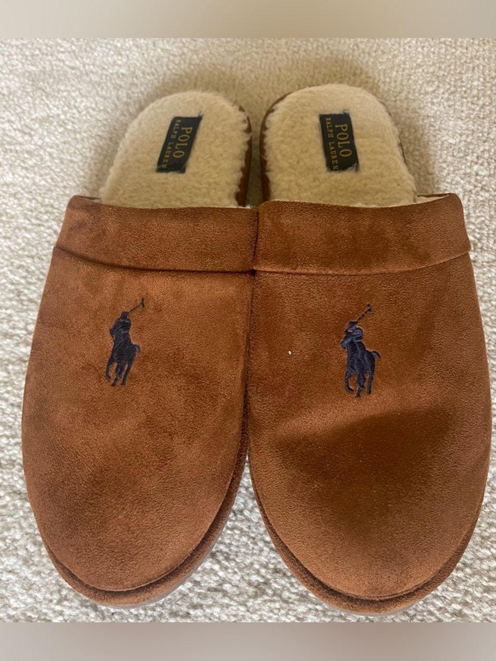 Polo Ralph Lauren Klarence Micro Suede Scuff Slipper Brown / Navy Sz 12